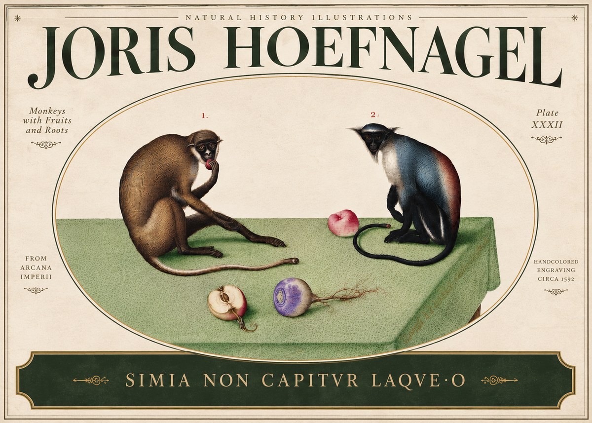 Joris Hoefnagel Monkeys with Fruits and Roots No5 - Affiche