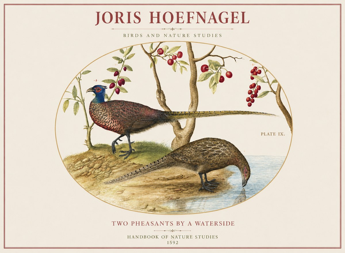 Joris Hoefnagel Peacocks and Pheasants Among Fruiting Branches No2 - Affiche