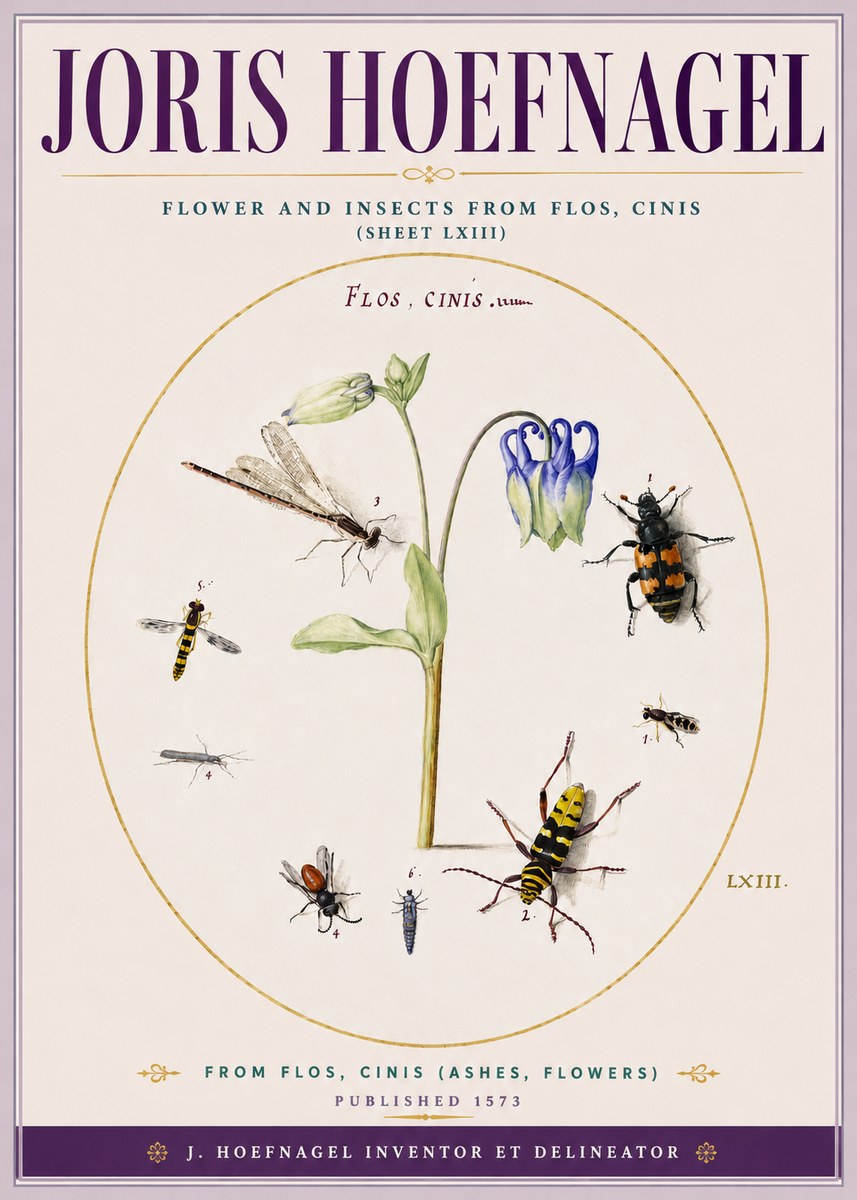 Joris Hoefnagel Insects and a Flower Study No5 - Affiche
