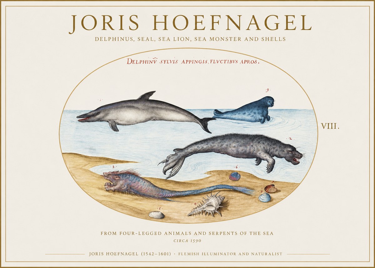 Joris Hoefnagel Delphinus, Seal, Sea Lion, Sea Monster and Shells No1 - Affiche