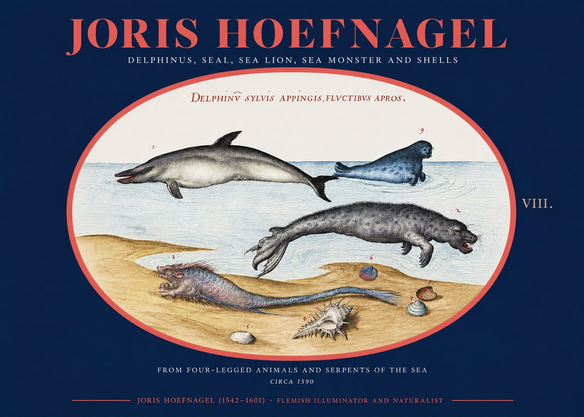 Joris Hoefnagel Delphinus, Seal, Sea Lion, Sea Monster and Shells No2 - Affiche