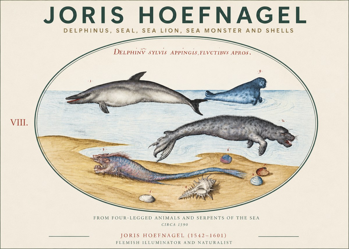 Joris Hoefnagel Delphinus, Seal, Sea Lion, Sea Monster and Shells No3 - Affiche