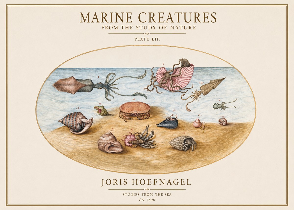 Joris Hoefnagel Marine Creatures - Plate Lii No1 - Affiche