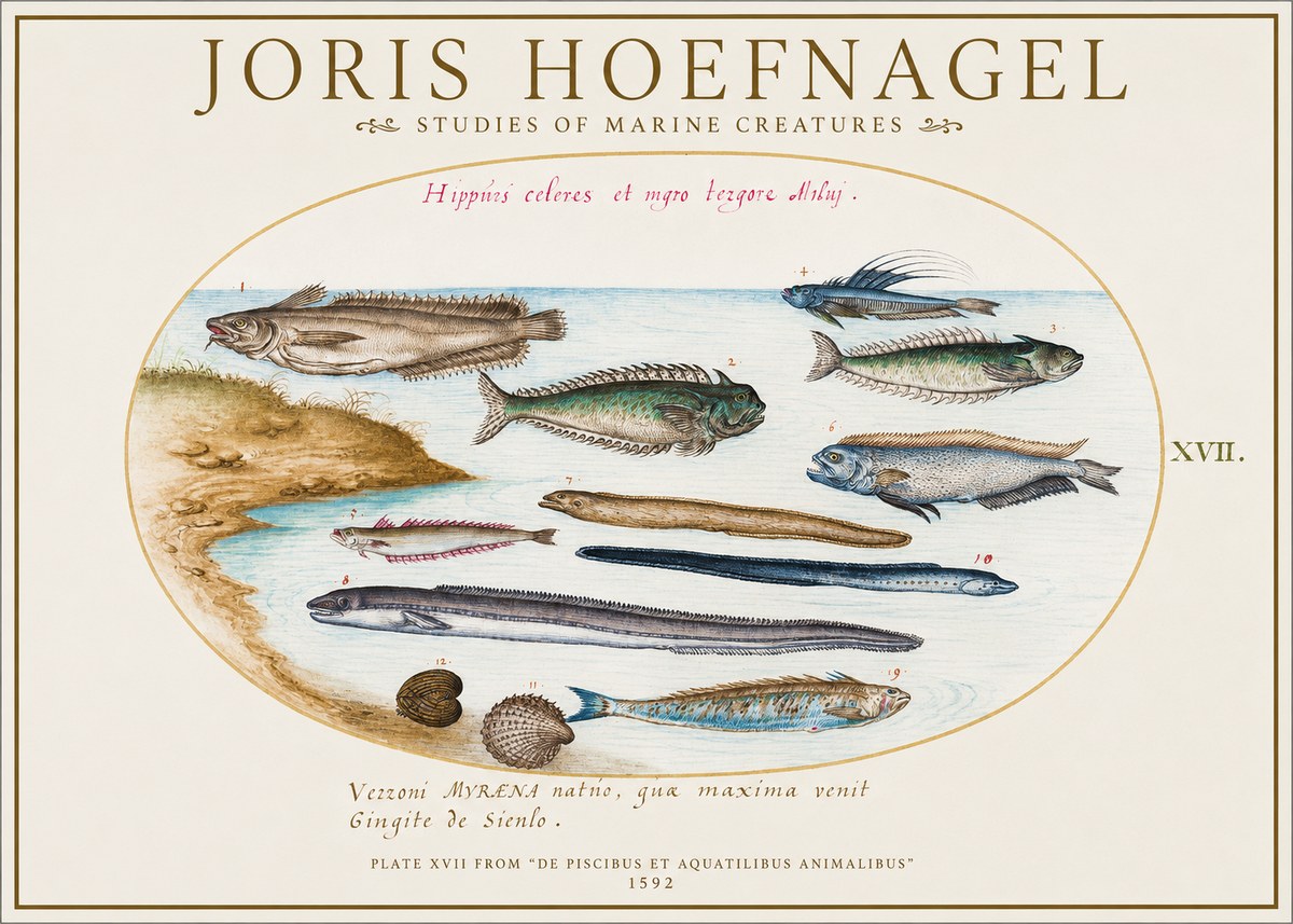 Joris Hoefnagel Plate Xvii from "De Piscibus Et Aquatilibus Animalibus" No1 - Affiche