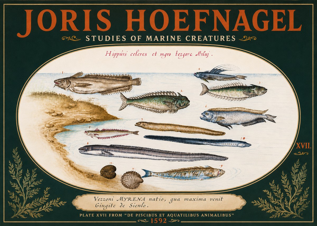 Joris Hoefnagel Plate Xvii from "De Piscibus Et Aquatilibus Animalibus" No4 - Affiche