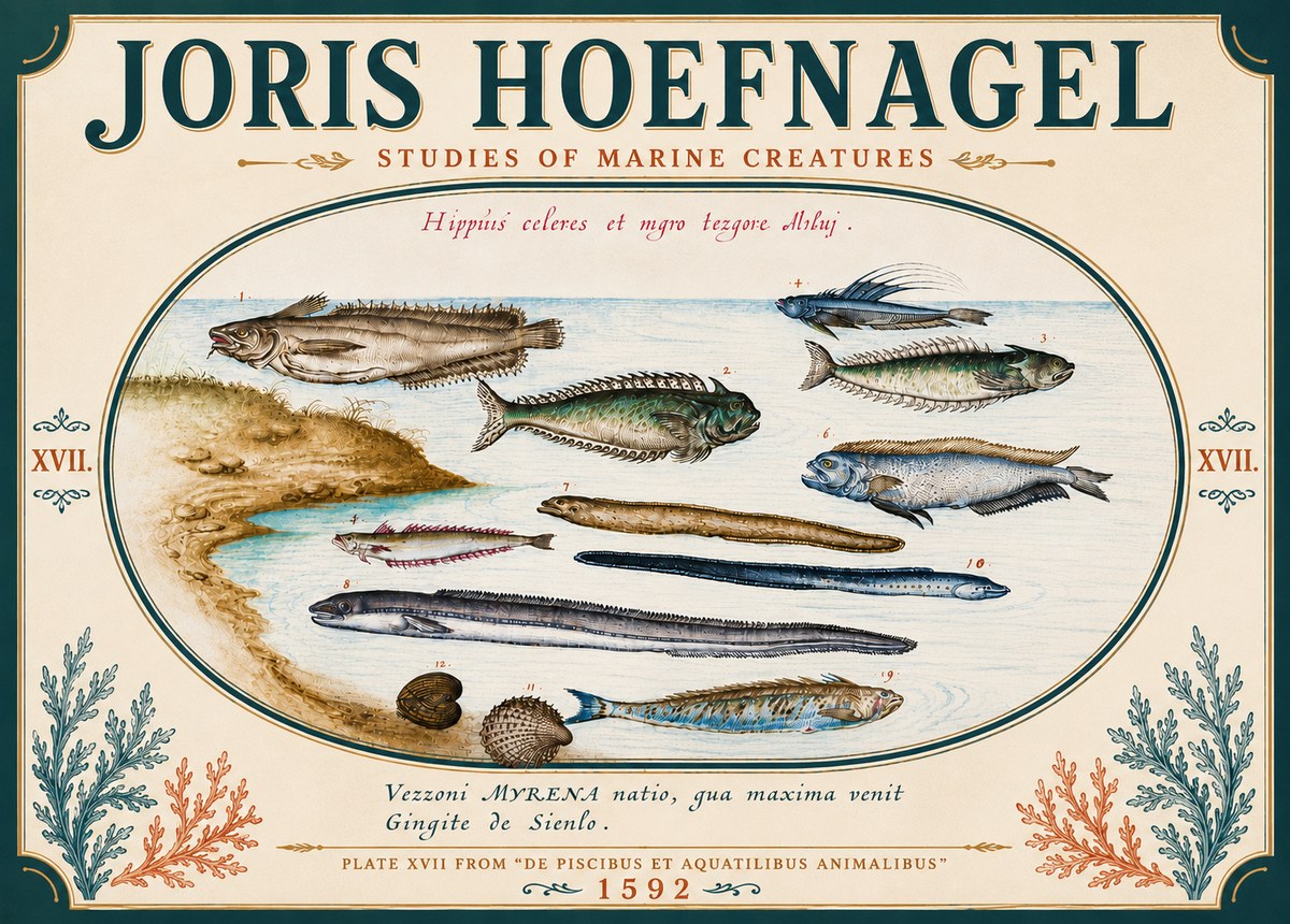 Joris Hoefnagel Plate Xvii from "De Piscibus Et Aquatilibus Animalibus" No6 - Affiche