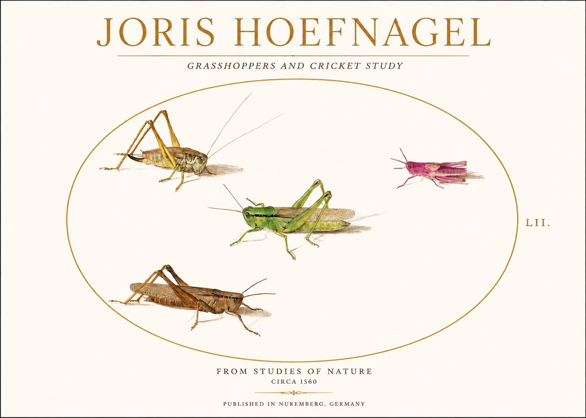 Joris Hoefnagel Three Grasshoppers and a Locust No2 - Affiche