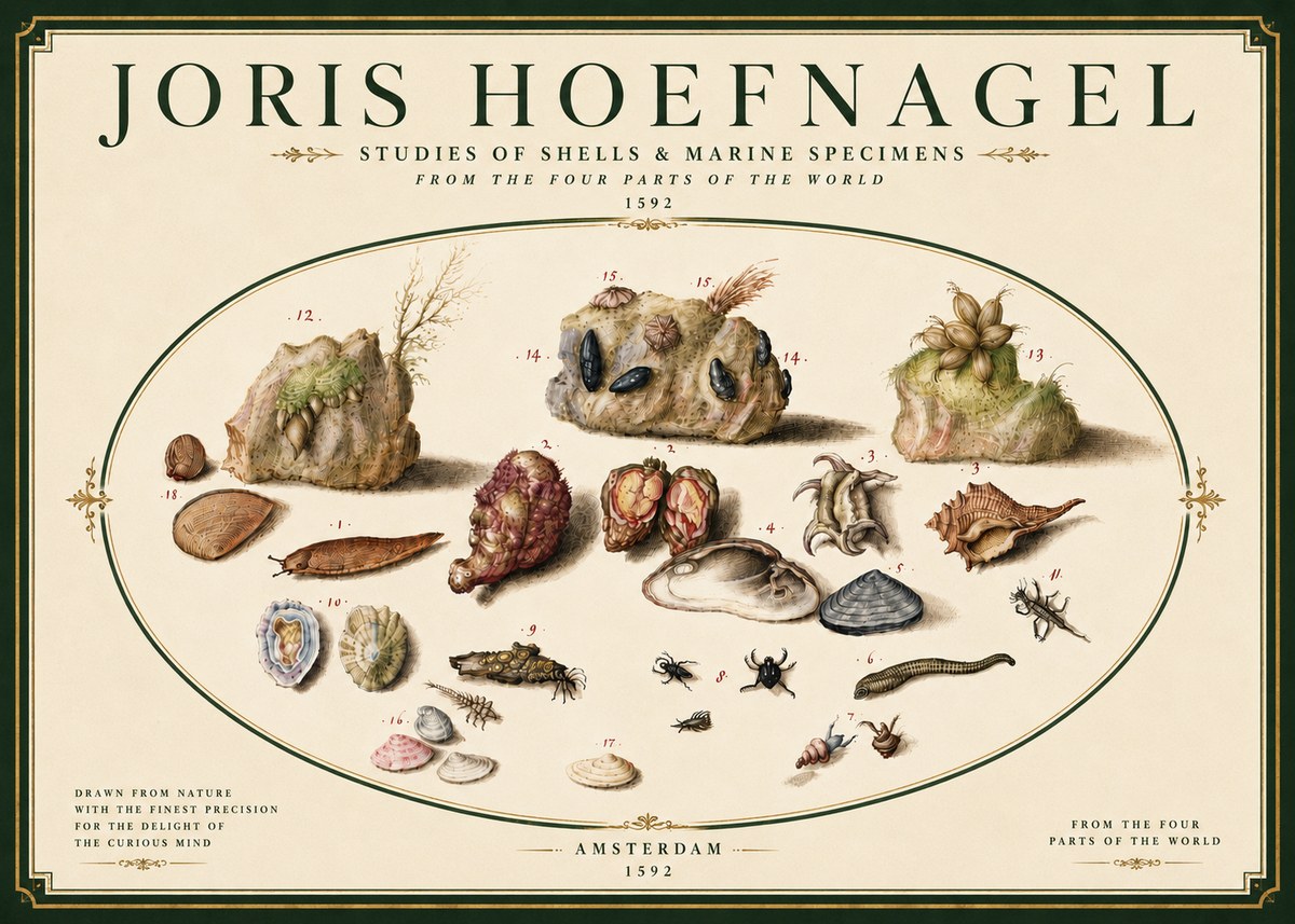 Joris Hoefnagel Studies of Shells & Marine Specimens No6 - Affiche