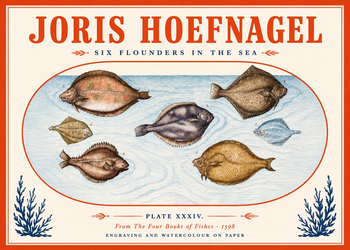 Joris Hoefnagel Six Flounders in the Sea No5 - Affiche