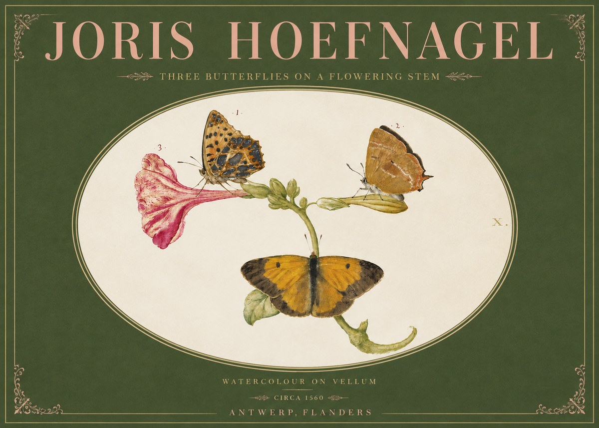 Joris Hoefnagel Three Butterflies on a Flowering Stem No4 - Affiche