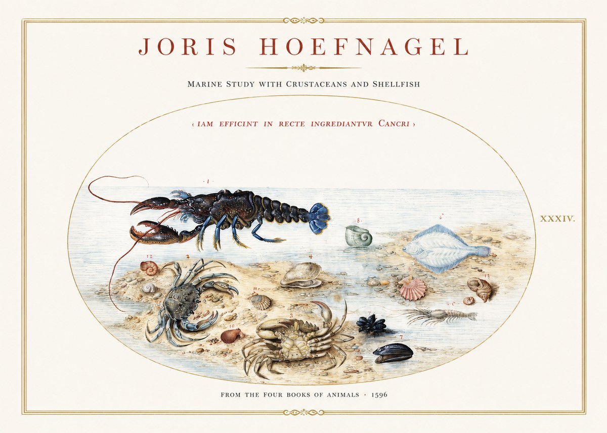 Joris Hoefnagel Marine Study with Crustaceans and Shellfish No1 - Affiche