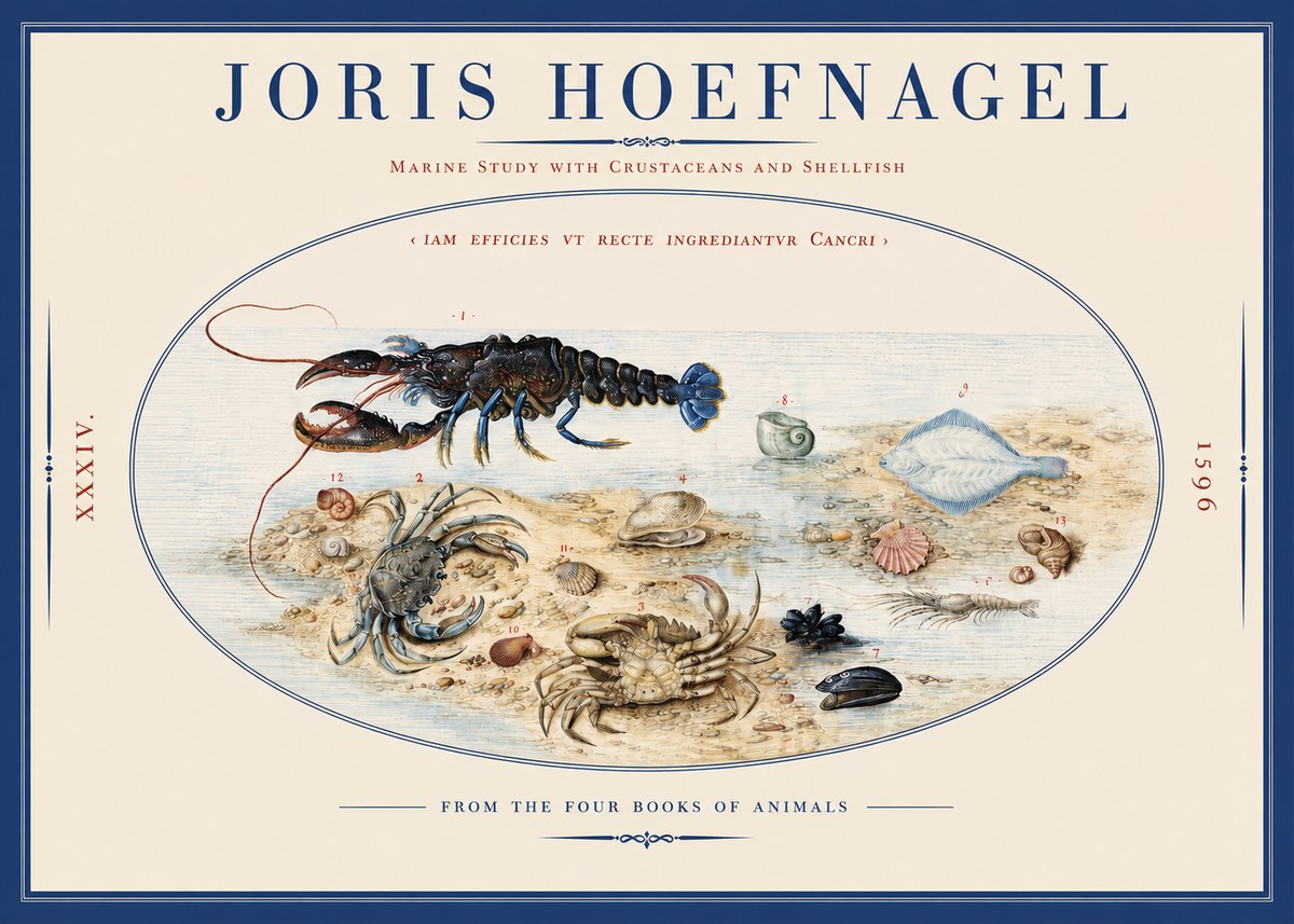 Joris Hoefnagel Marine Study with Crustaceans and Shellfish No2 - Affiche