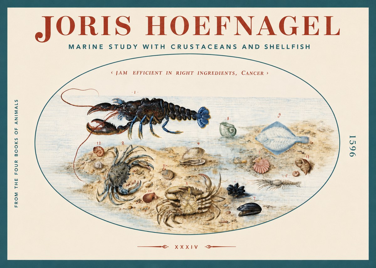 Joris Hoefnagel Marine Study with Crustaceans and Shellfish No3 - Affiche