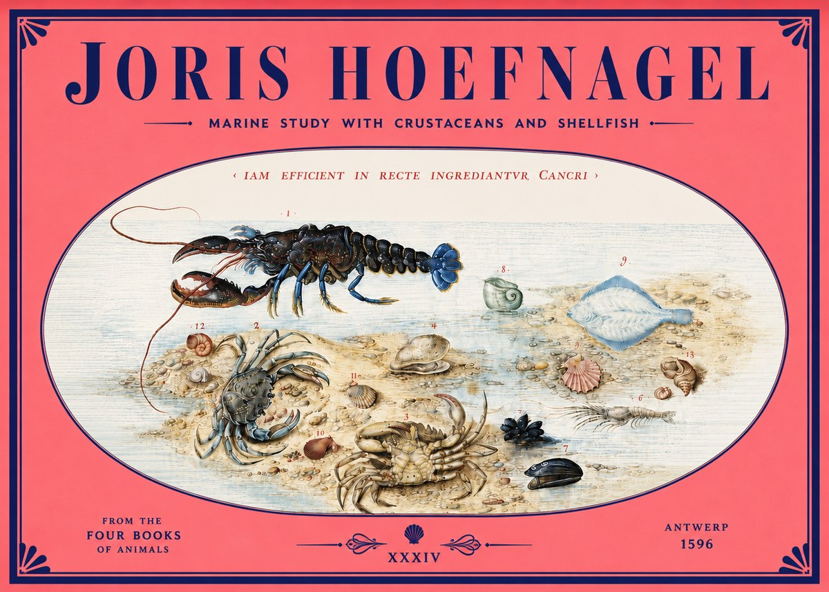 Joris Hoefnagel Marine Study with Crustaceans and Shellfish No4 - Affiche