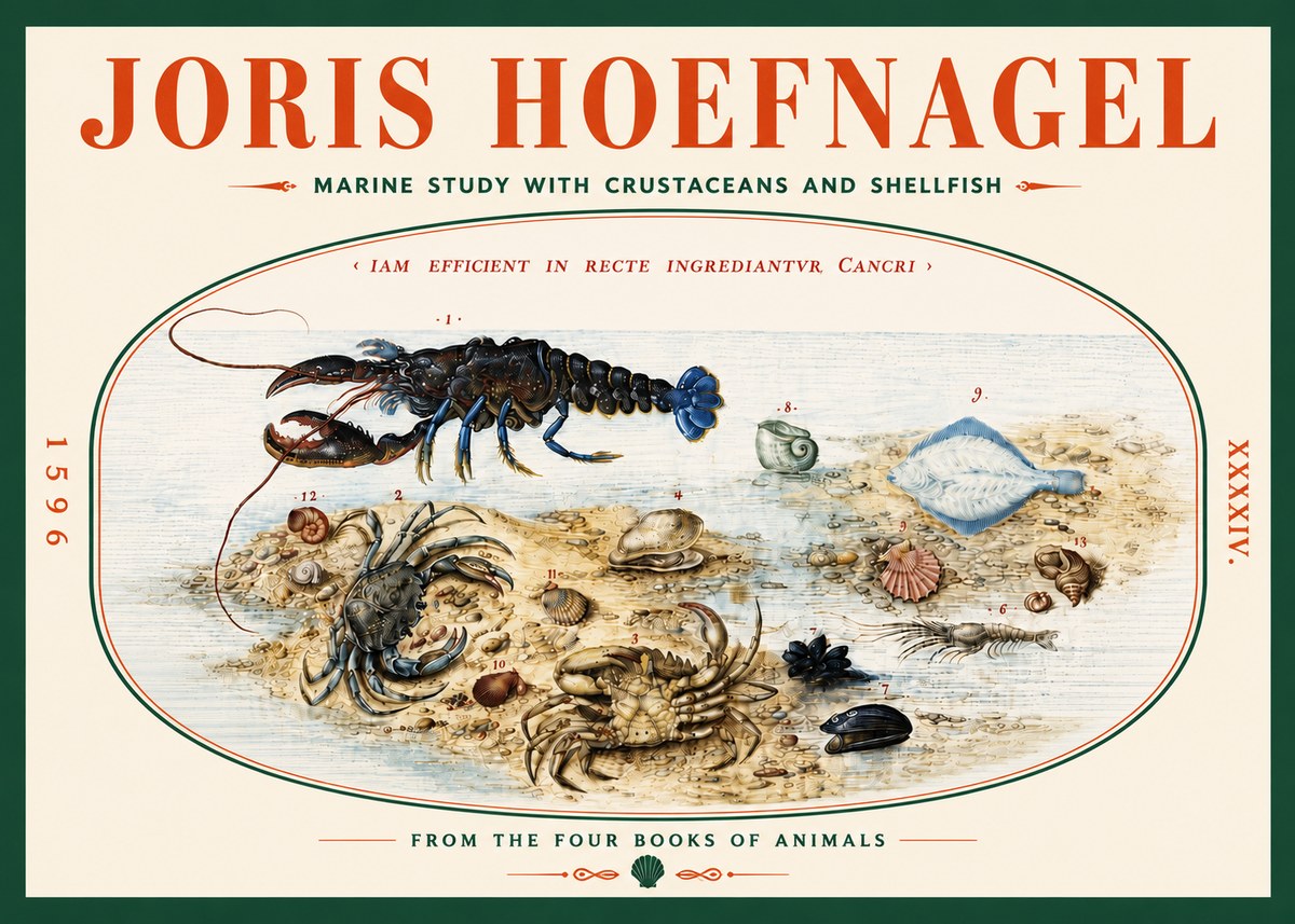 Joris Hoefnagel Marine Study with Crustaceans and Shellfish No5 - Affiche