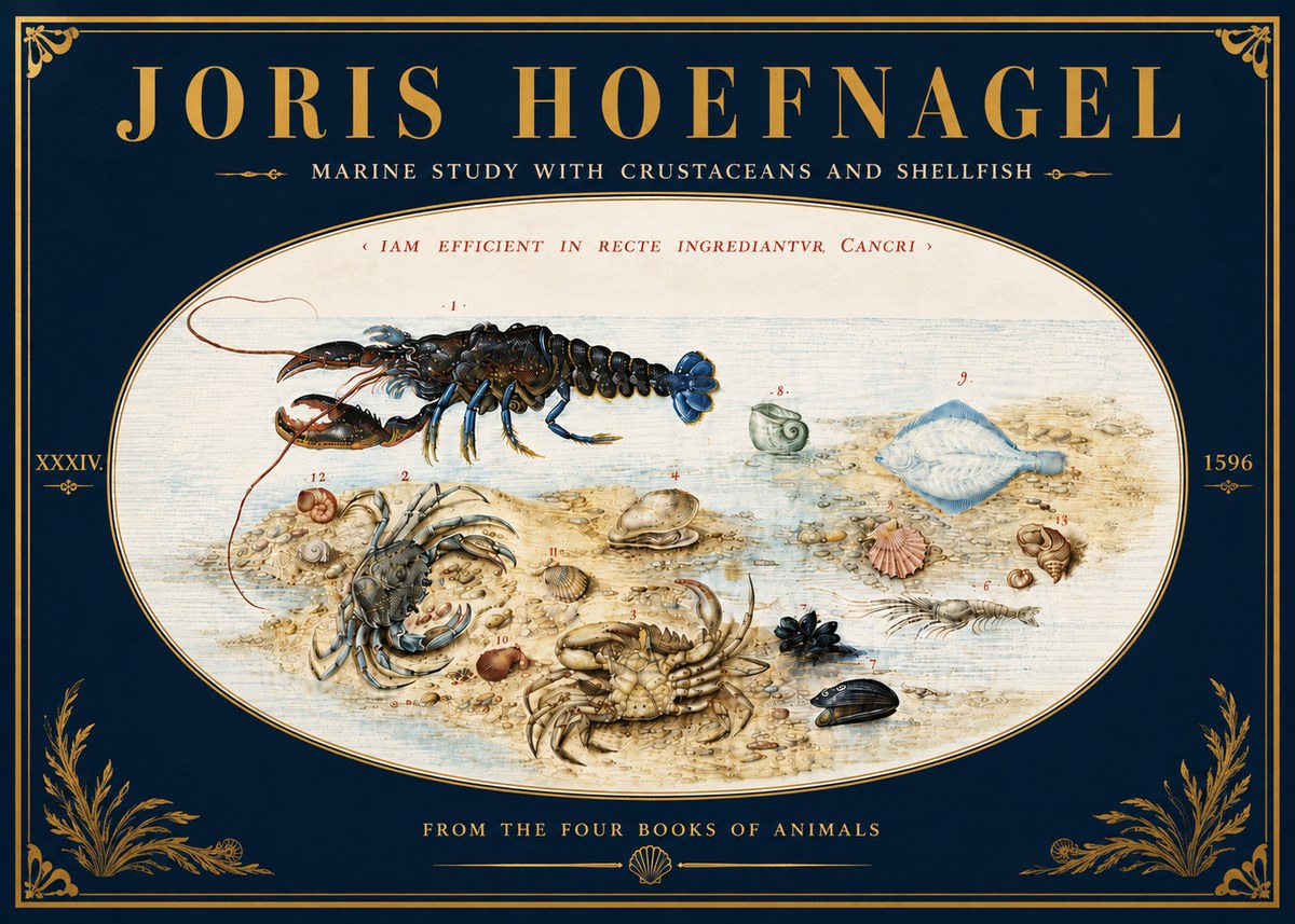 Joris Hoefnagel Marine Study with Crustaceans and Shellfish No6 - Affiche