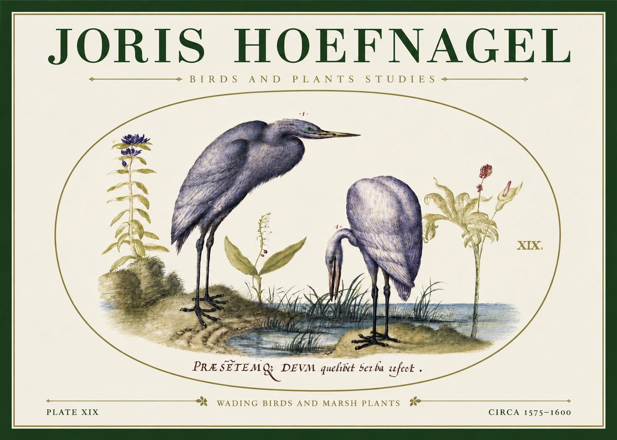 Joris Hoefnagel Wading Birds and Marsh Plants No3 - Affiche