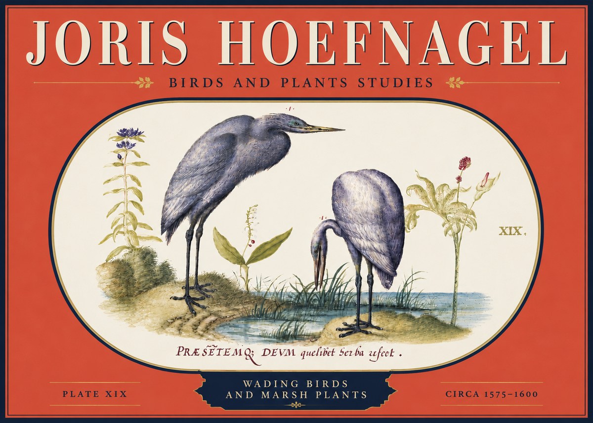 Joris Hoefnagel Wading Birds and Marsh Plants No4 - Affiche