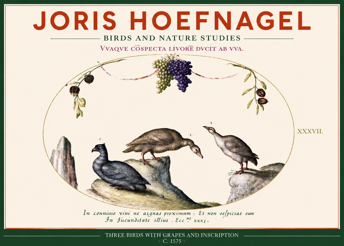 Joris Hoefnagel Three Birds with Grapes and Inscription No2 - Affiche
