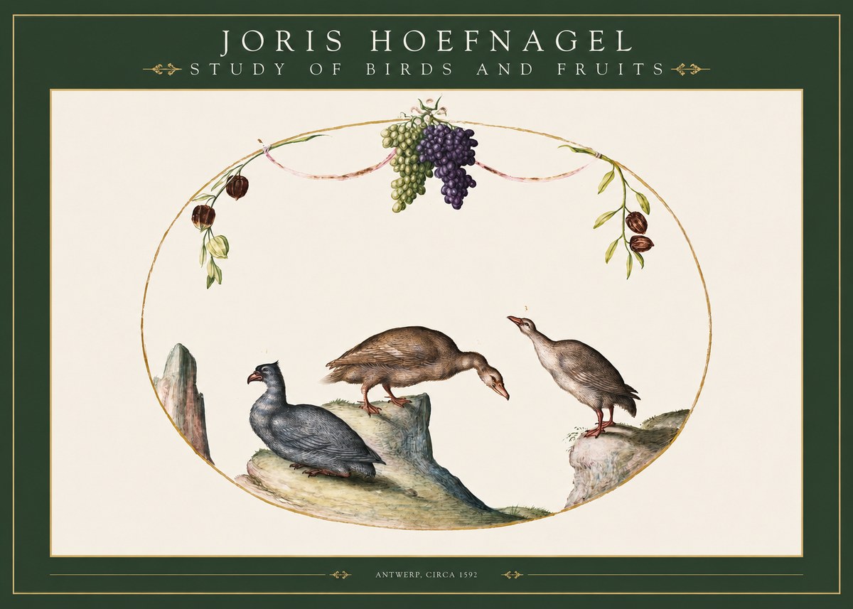 Joris Hoefnagel Three Birds with Grapes and Inscription No3 - Affiche