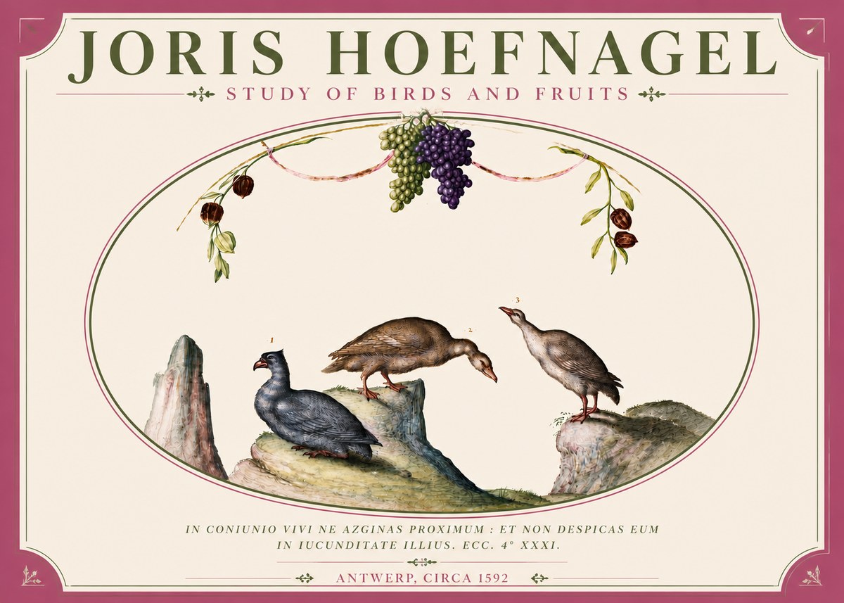 Joris Hoefnagel Three Birds with Grapes and Inscription No6 - Affiche