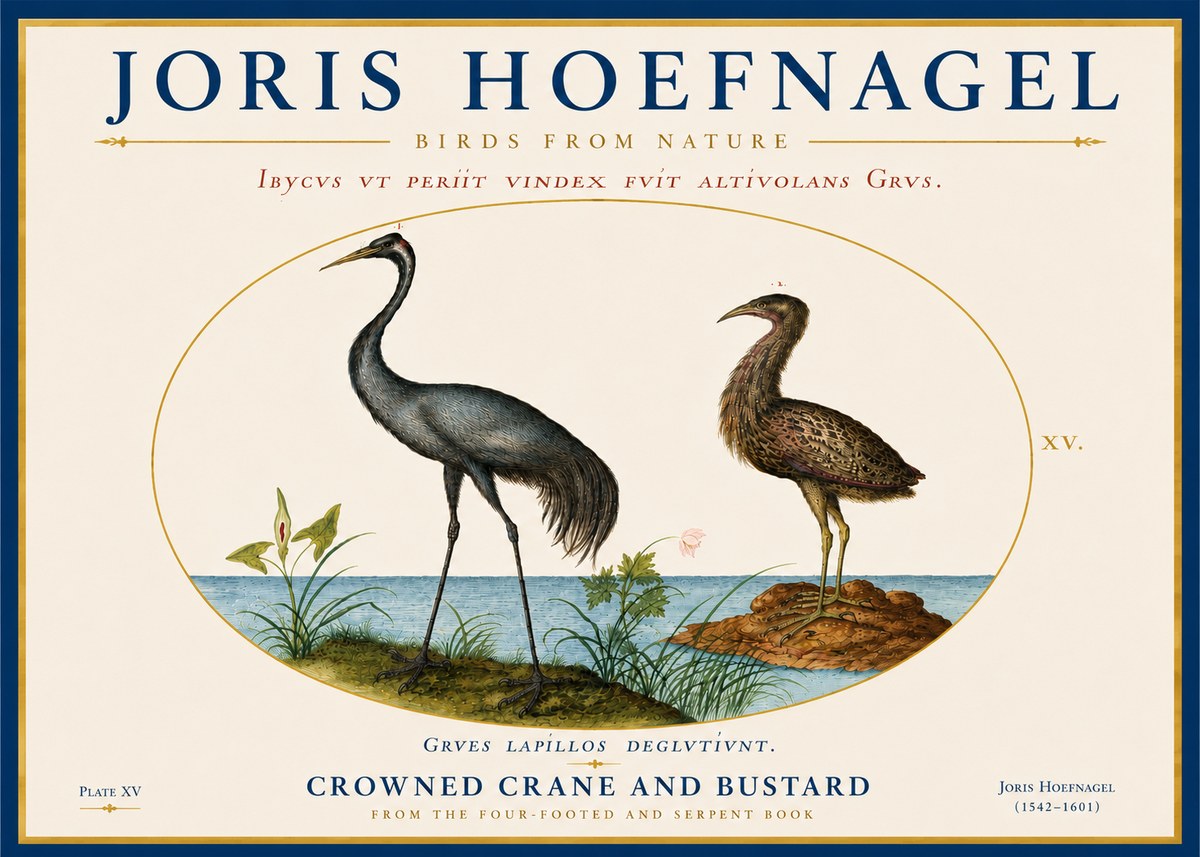 Joris Hoefnagel Crowned Crane and Bustard No6 - Affiche