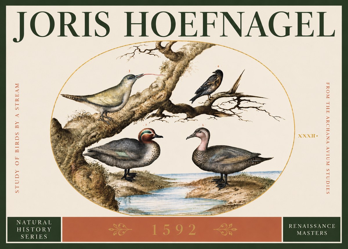 Joris Hoefnagel Study of Birds by a Stream No2 - Affiche