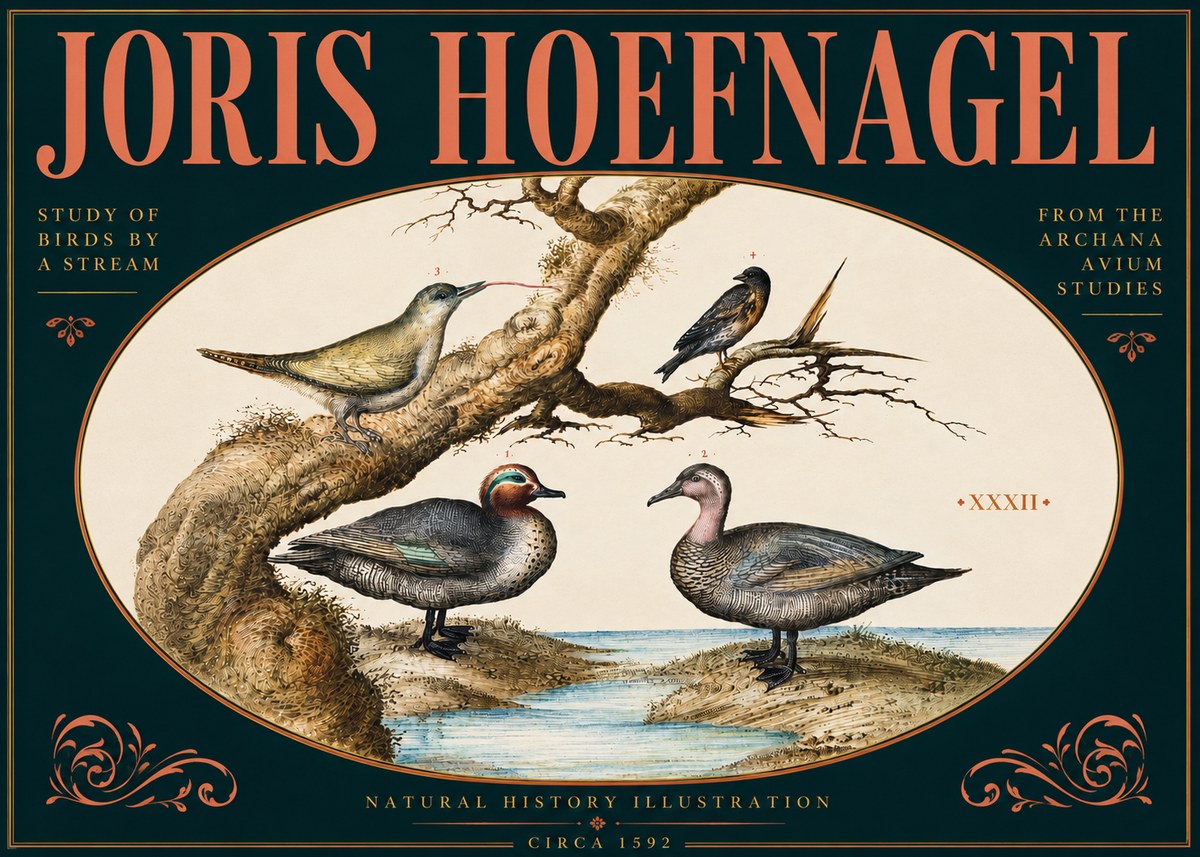 Joris Hoefnagel Study of Birds by a Stream No6 - Affiche