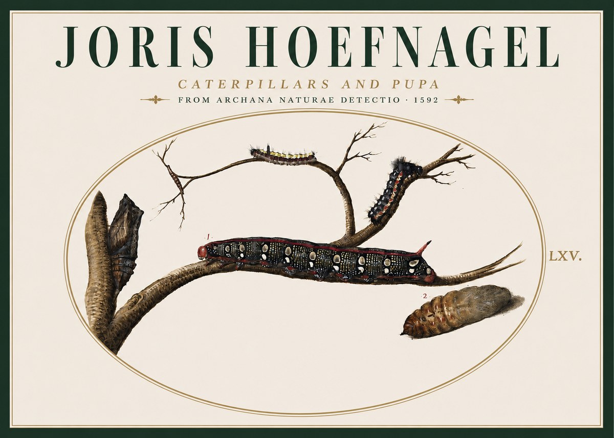 Joris Hoefnagel Caterpillars and Pupa No4 - Affiche