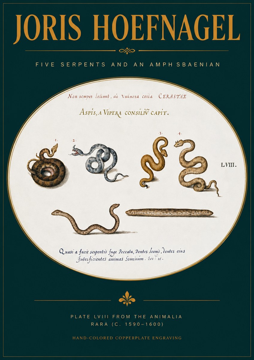 Joris Hoefnagel Five Serpents and an Amphisbaenian No2 - Affiche