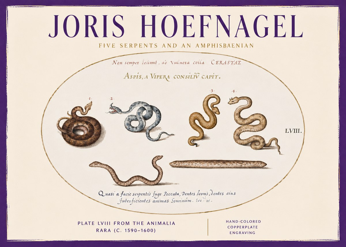 Joris Hoefnagel Five Serpents and an Amphisbaenian No3 - Affiche