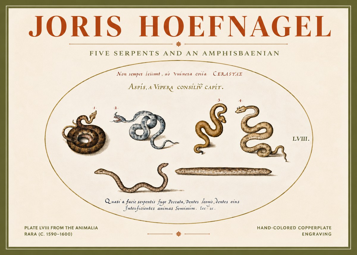 Joris Hoefnagel Five Serpents and an Amphisbaenian No4 - Affiche