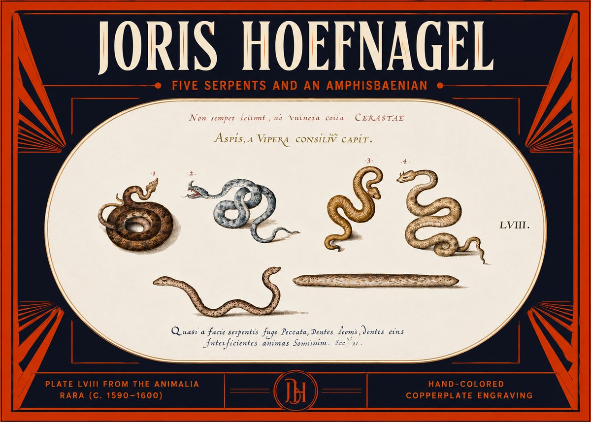 Joris Hoefnagel Five Serpents and an Amphisbaenian No5 - Affiche