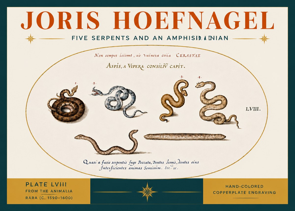 Joris Hoefnagel Five Serpents and an Amphisbaenian No6 - Affiche