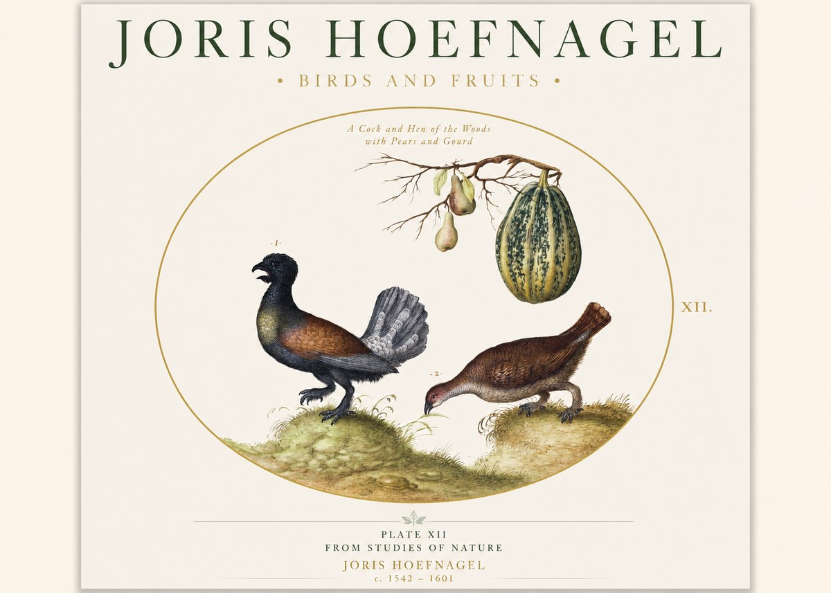 Joris Hoefnagel A Cock and Hen of the Woods with Pears and Gourd No1 - Affiche