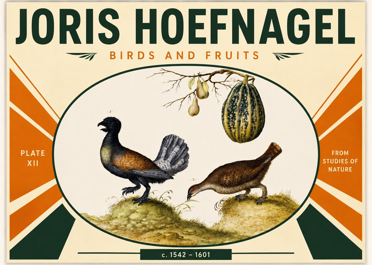 Joris Hoefnagel A Cock and Hen of the Woods with Pears and Gourd No3 - Affiche