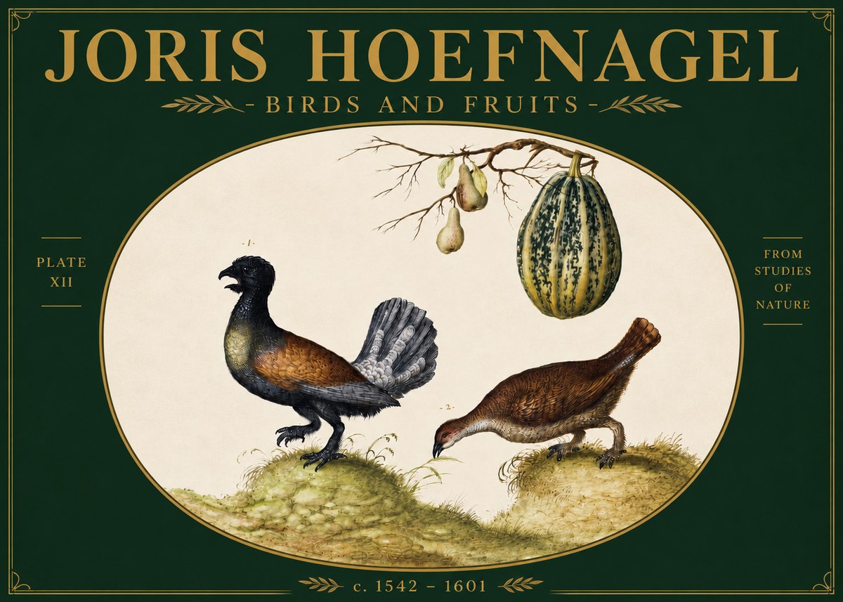 Joris Hoefnagel A Cock and Hen of the Woods with Pears and Gourd No4 - Affiche