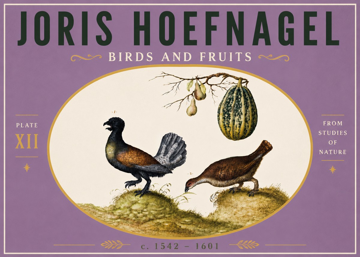 Joris Hoefnagel A Cock and Hen of the Woods with Pears and Gourd No6 - Affiche