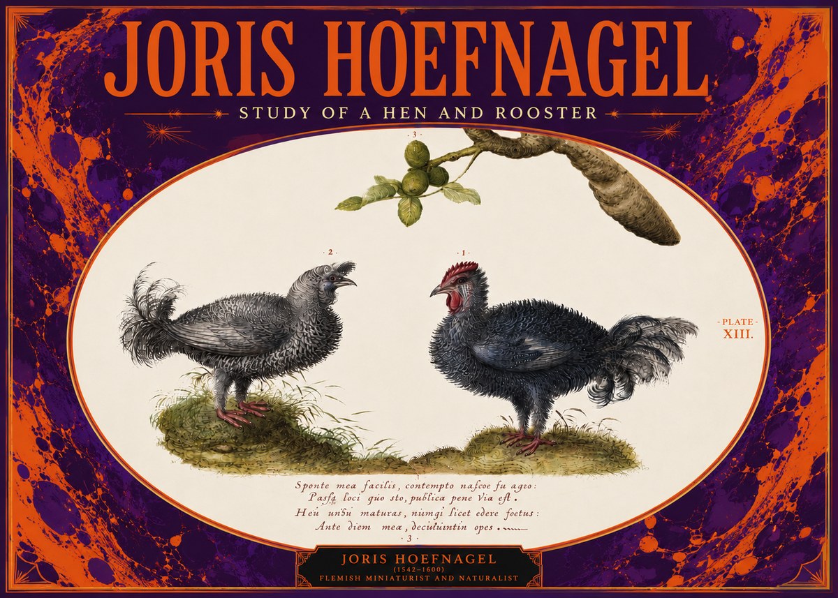 Joris Hoefnagel Study of a Hen and Rooster No4 - Affiche