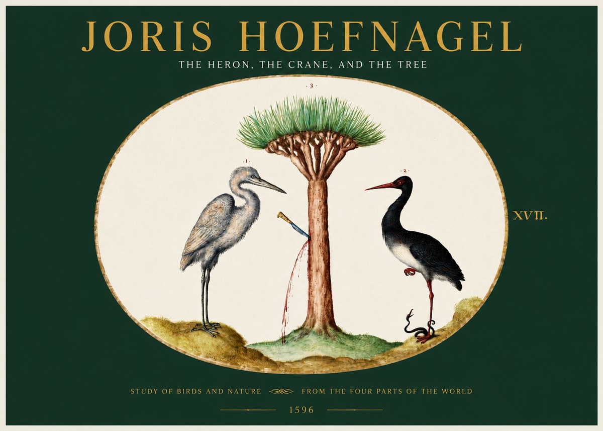 Joris Hoefnagel The Heron, the Crane, and the Tree No2 - Affiche