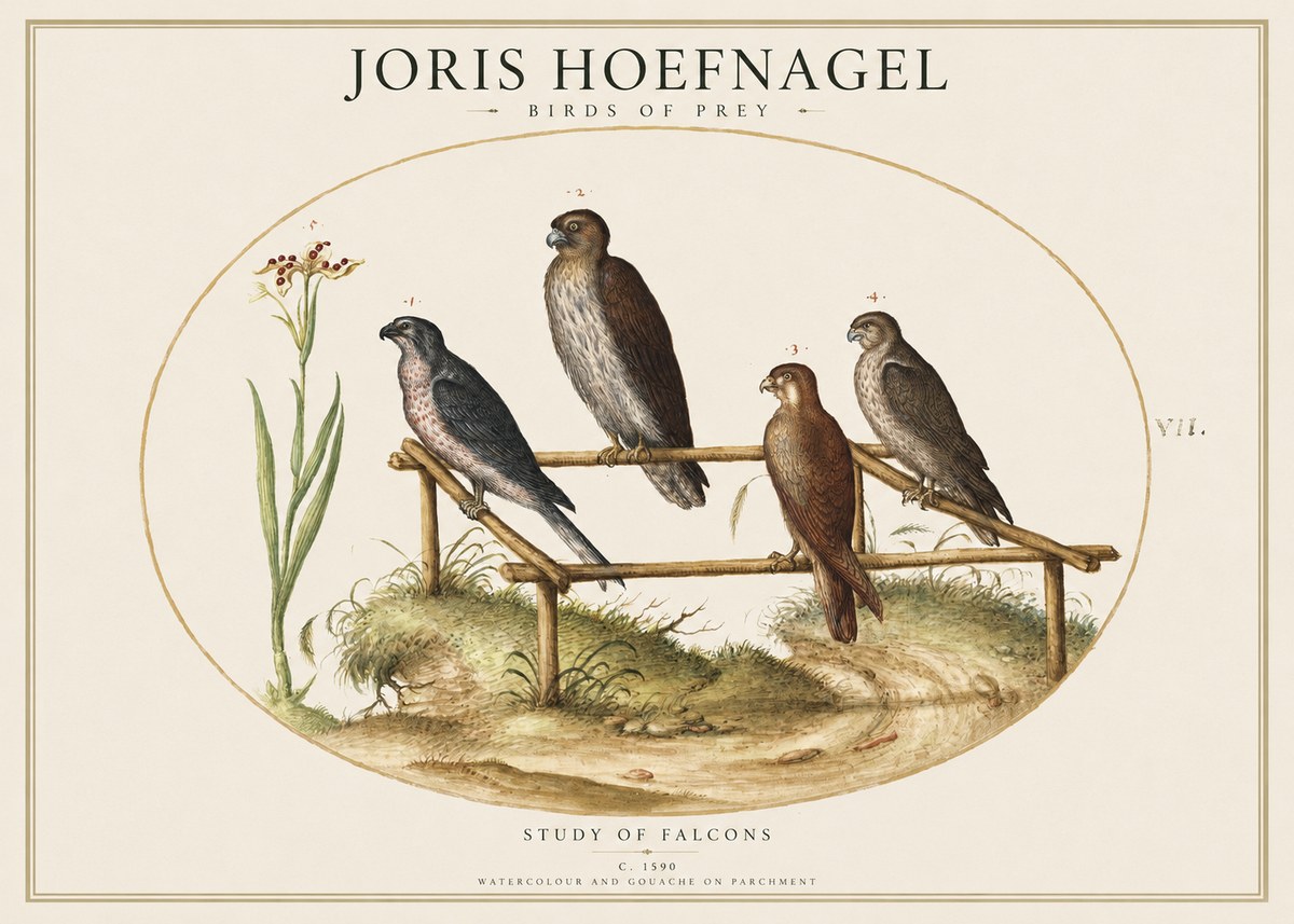 Joris Hoefnagel Study of Falcons No1 - Affiche