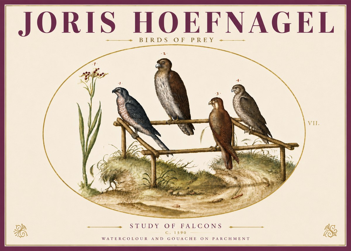 Joris Hoefnagel Study of Falcons No6 - Affiche