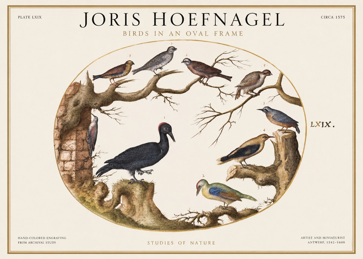 Joris Hoefnagel Birds in an Oval Frame No1 - Affiche