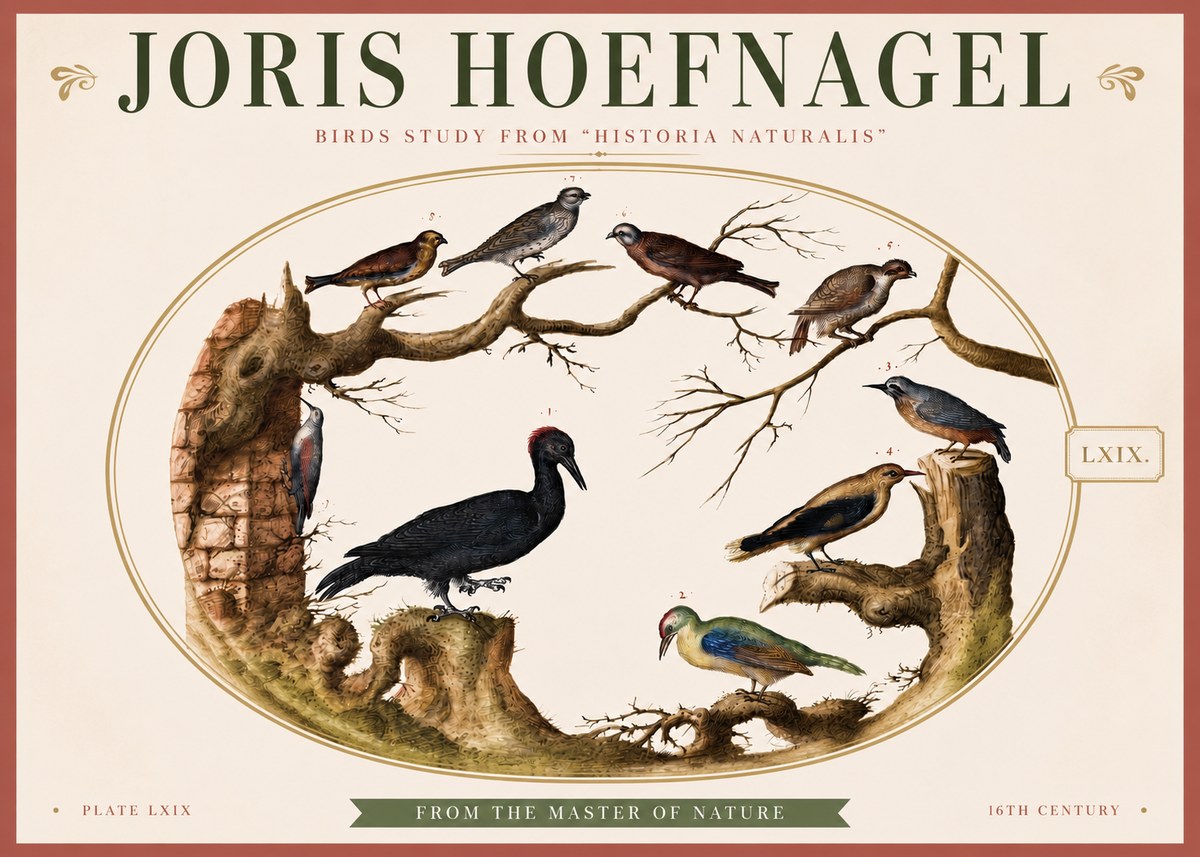 Joris Hoefnagel Birds in an Oval Frame No4 - Affiche