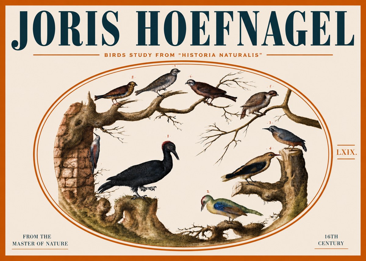 Joris Hoefnagel Birds in an Oval Frame No5 - Affiche