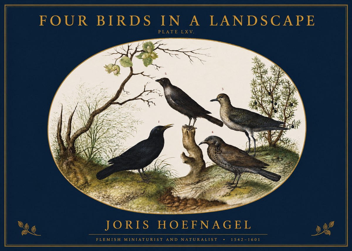Joris Hoefnagel Four Birds in a Landscape No2 - Affiche