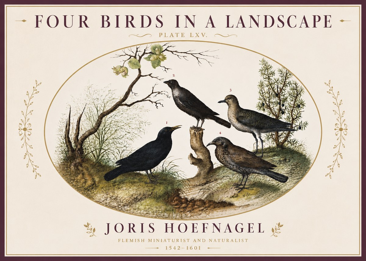 Joris Hoefnagel Four Birds in a Landscape No4 - Affiche