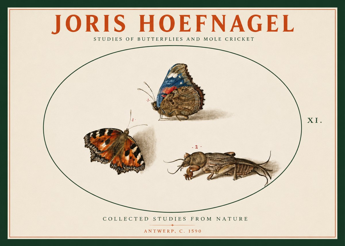 Joris Hoefnagel Studies of Butterflies and Mole Cricket No2 - Affiche
