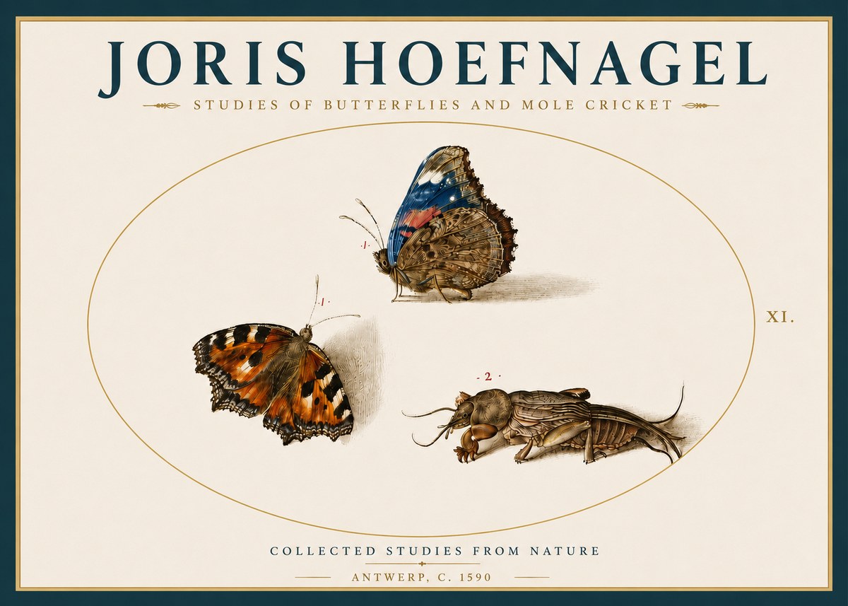 Joris Hoefnagel Studies of Butterflies and Mole Cricket No4 - Affiche