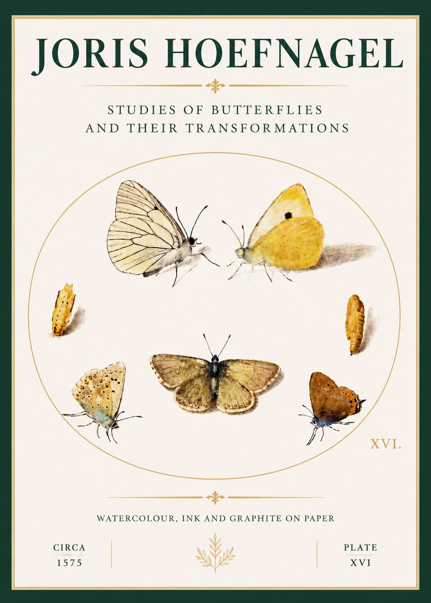 Joris Hoefnagel Studies of Butterflies and Their Transformations No4 - Affiche